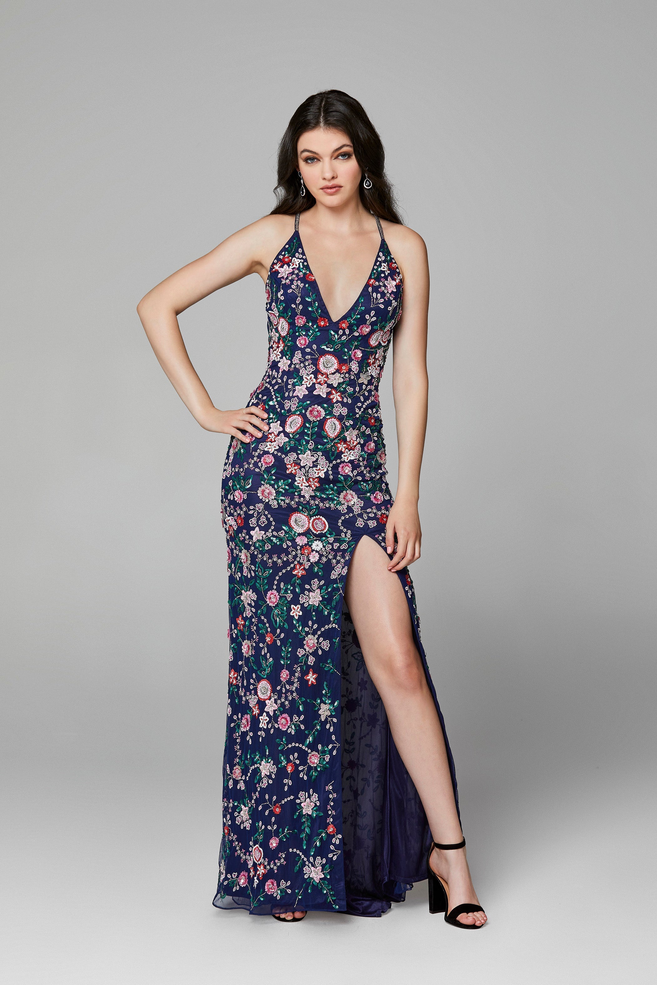 Primavera Couture - 3073 Beaded V-neck Sheath Dress With Slit