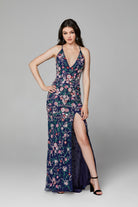 Primavera Couture - 3073 Beaded V-neck Sheath Dress With Slit