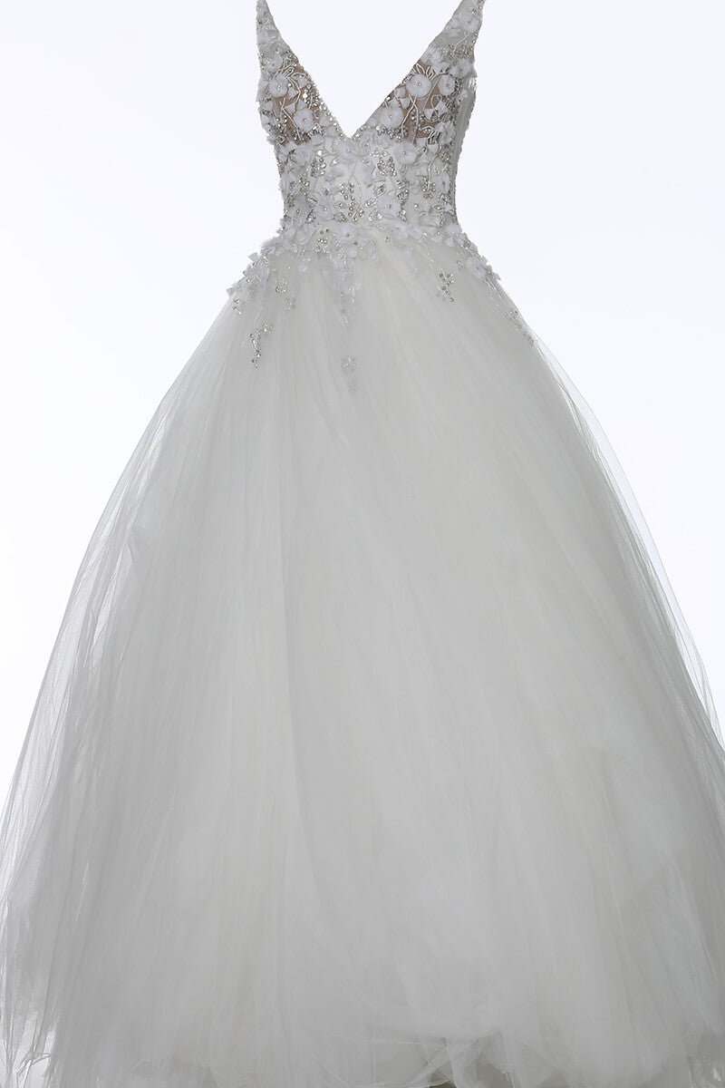 Jovani - 3110 Floral Applique Deep V-neck Tulle Ballgown - view 7