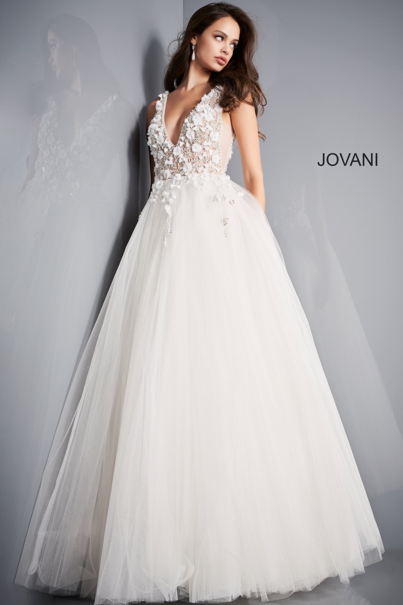 Jovani - 3110 Floral Applique Deep V-neck Tulle Ballgown - view 6