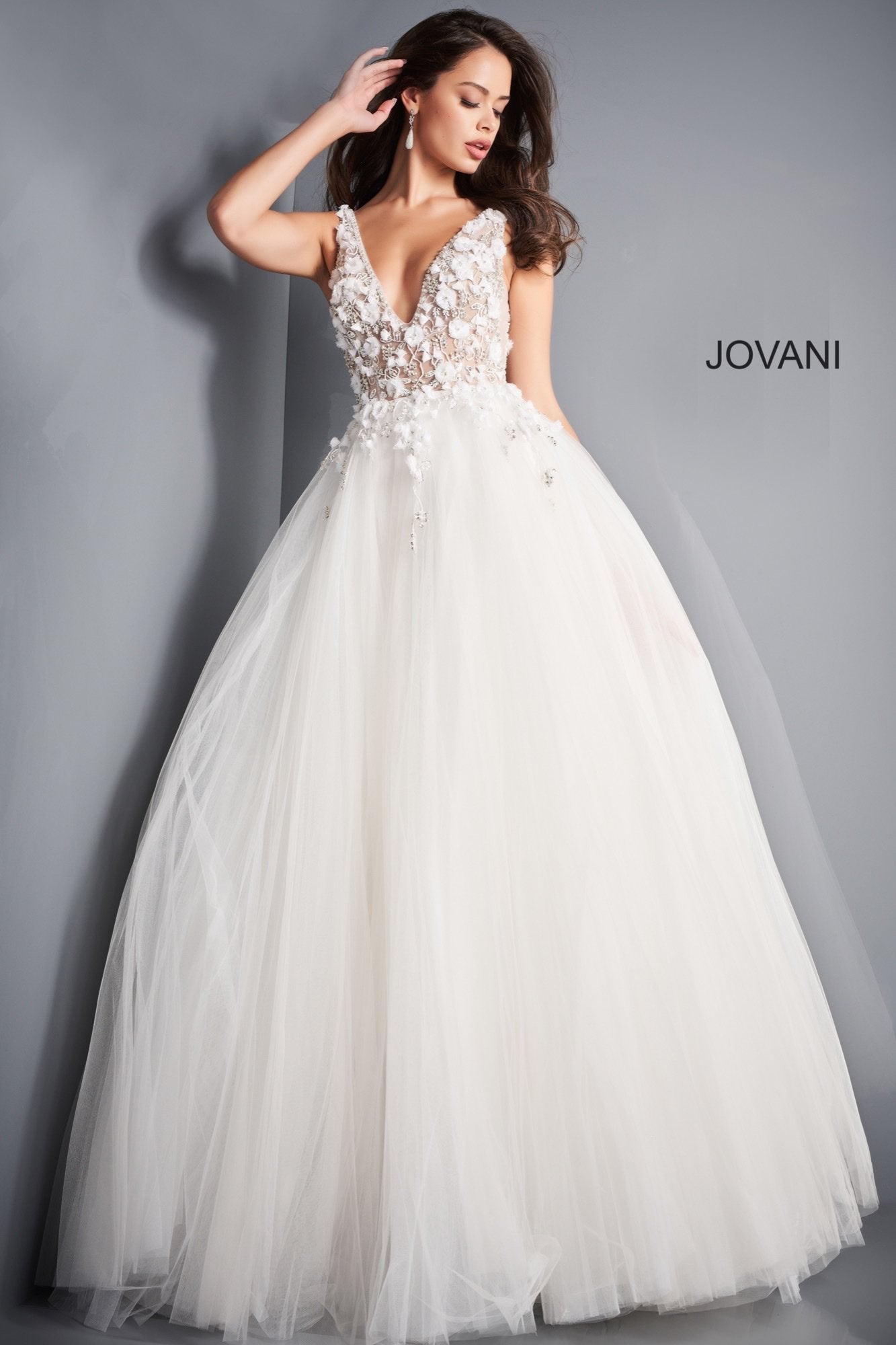Jovani - 3110 Floral Applique Deep V-neck Tulle Ballgown - view 4