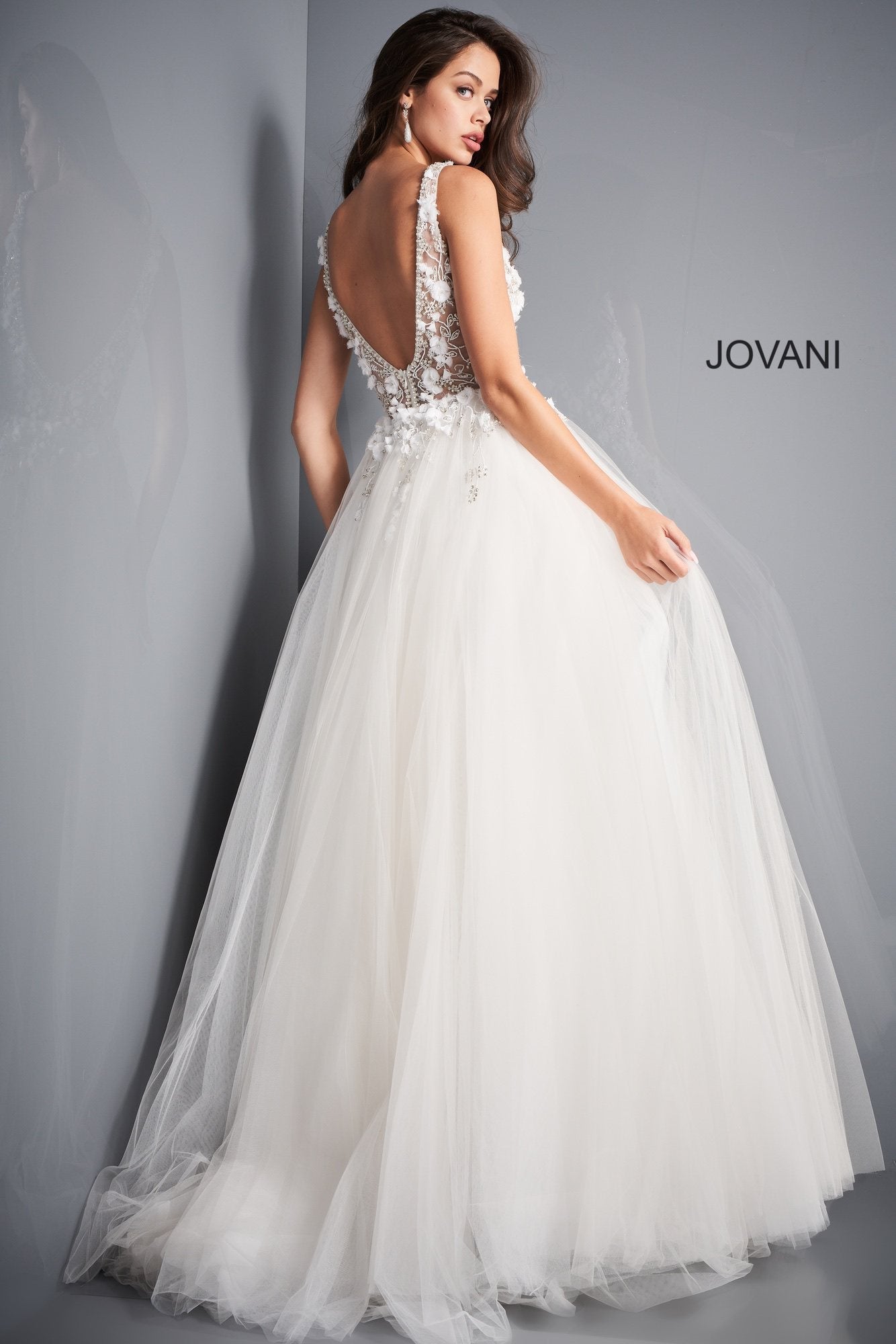 Jovani - 3110 Floral Applique Deep V-neck Tulle Ballgown - view 5
