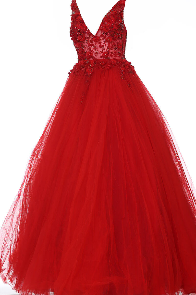 Jovani - 3110 Floral Applique Deep V-neck Tulle Ballgown - view 8
