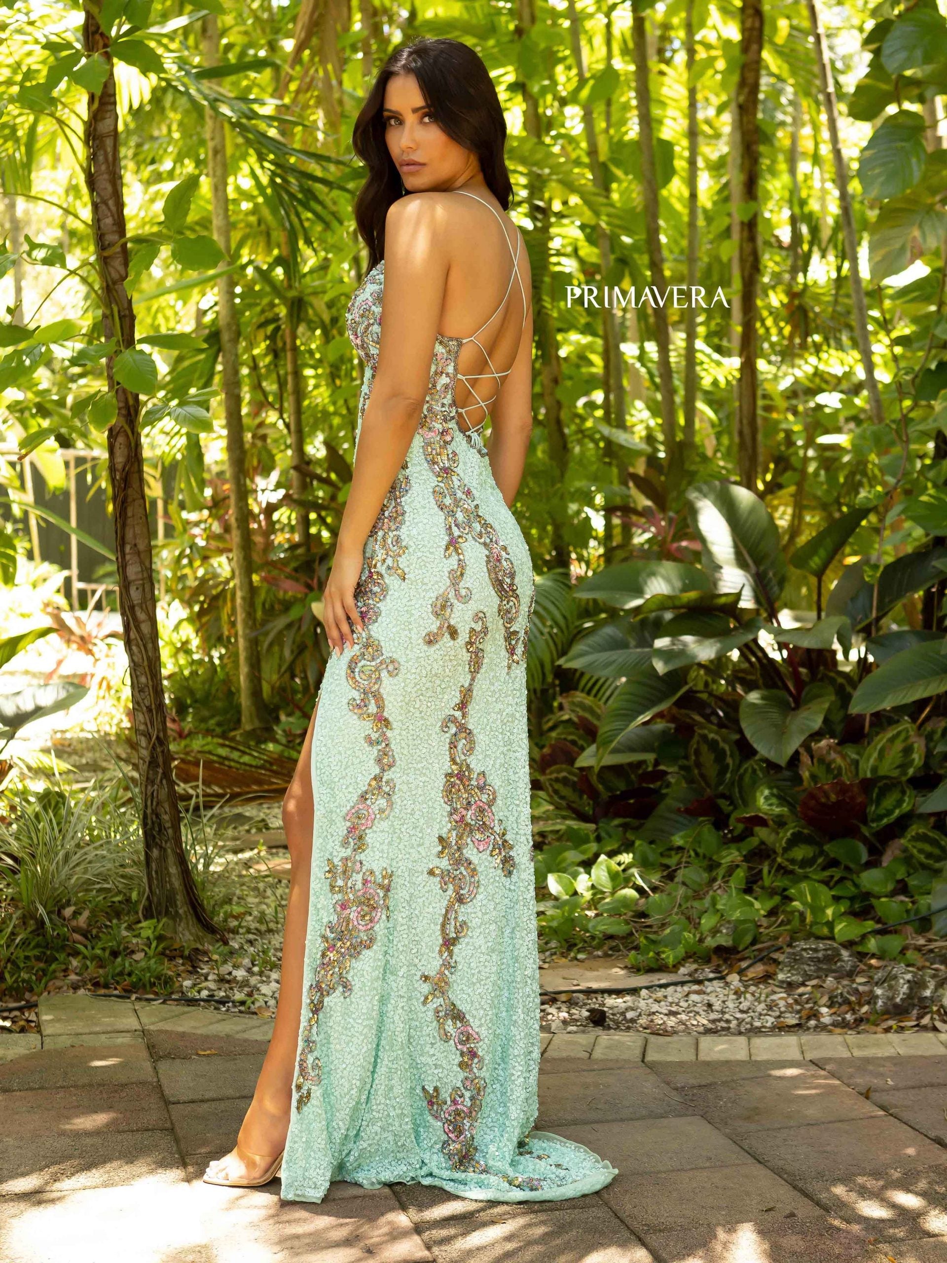 Primavera Couture - 3211 Strappy Plunging V-neck Gown with Slit