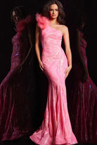 Jovani 32596 - Feather Shoulder Sequined Dress - back view
