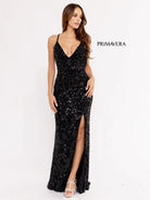 Primavera Couture - 3295 Sequined Scroll Motif High Slit Gown