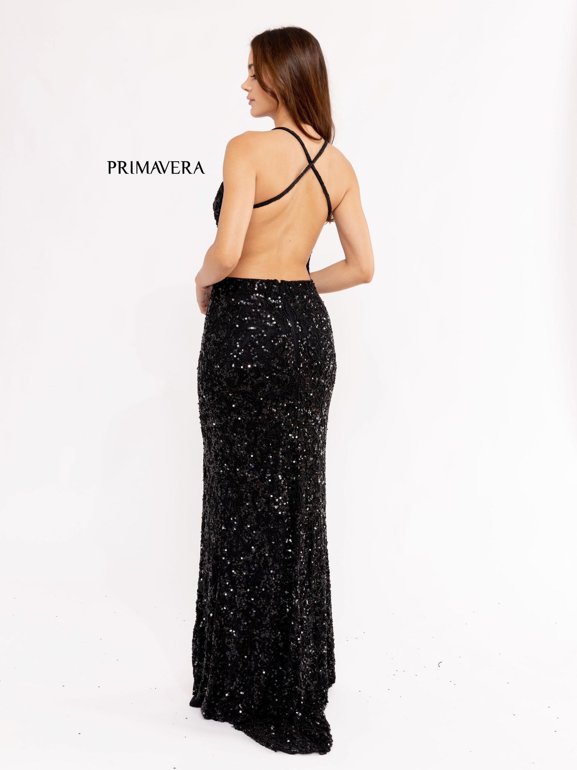 Primavera Couture - 3295 Sequined Scroll Motif High Slit Gown