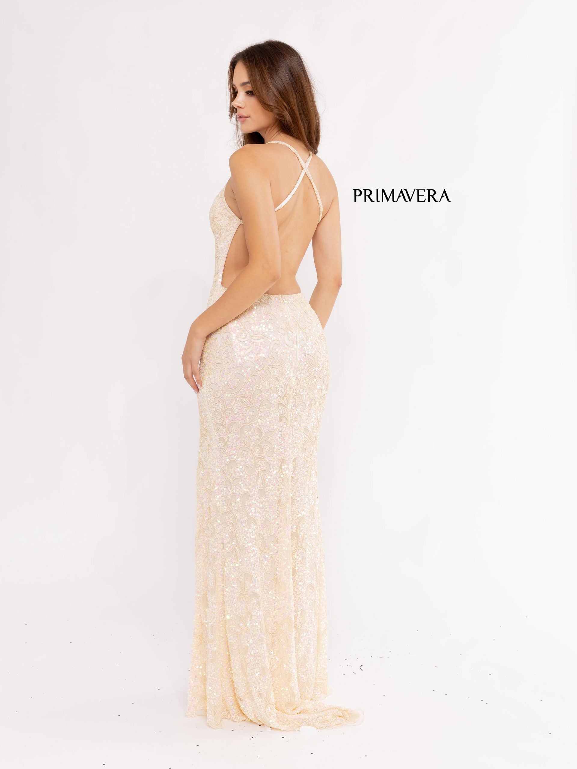 Primavera Couture - 3295 Sequined Scroll Motif High Slit Gown
