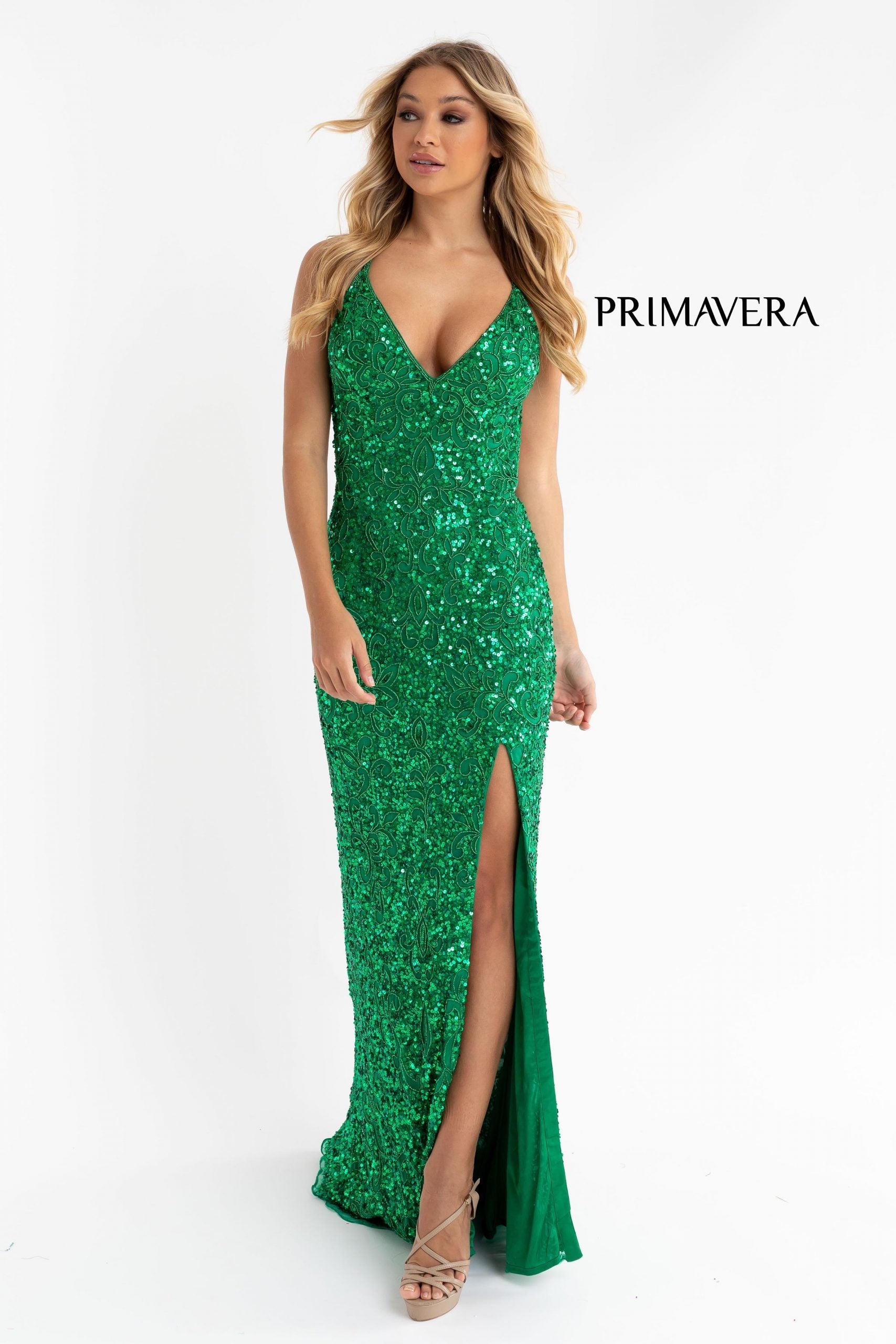 Primavera Couture - 3295 Sequined Scroll Motif High Slit Gown