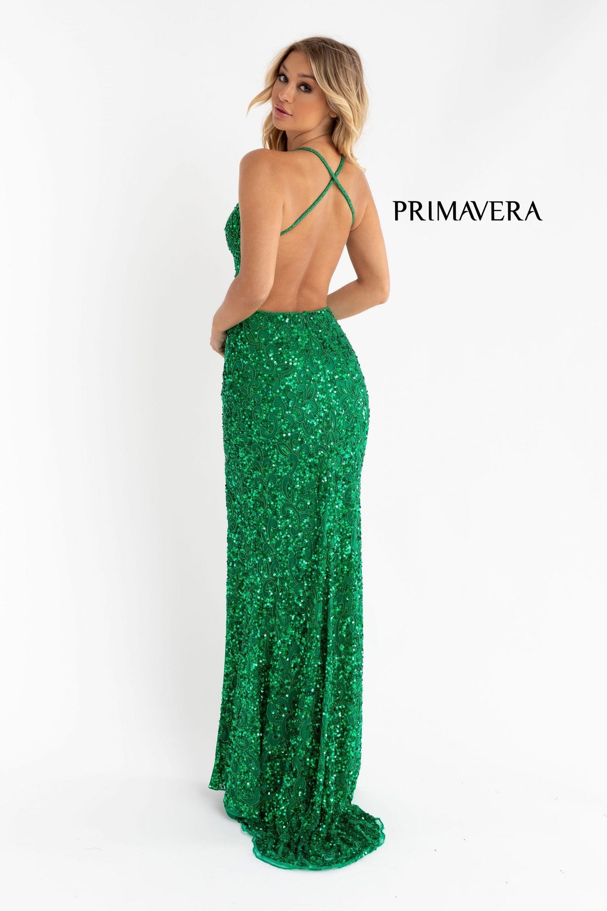 Primavera Couture - 3295 Sequined Scroll Motif High Slit Gown