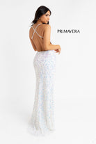 Primavera Couture - 3295 Sequined Scroll Motif High Slit Gown
