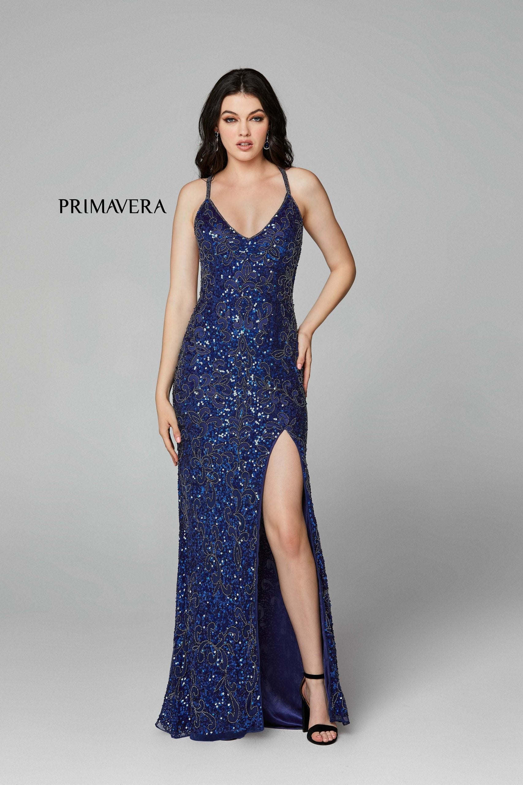Primavera Couture - 3295 Sequined Scroll Motif High Slit Gown