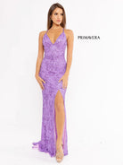 Primavera Couture - 3295 Sequined Scroll Motif High Slit Gown