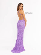 Primavera Couture - 3295 Sequined Scroll Motif High Slit Gown
