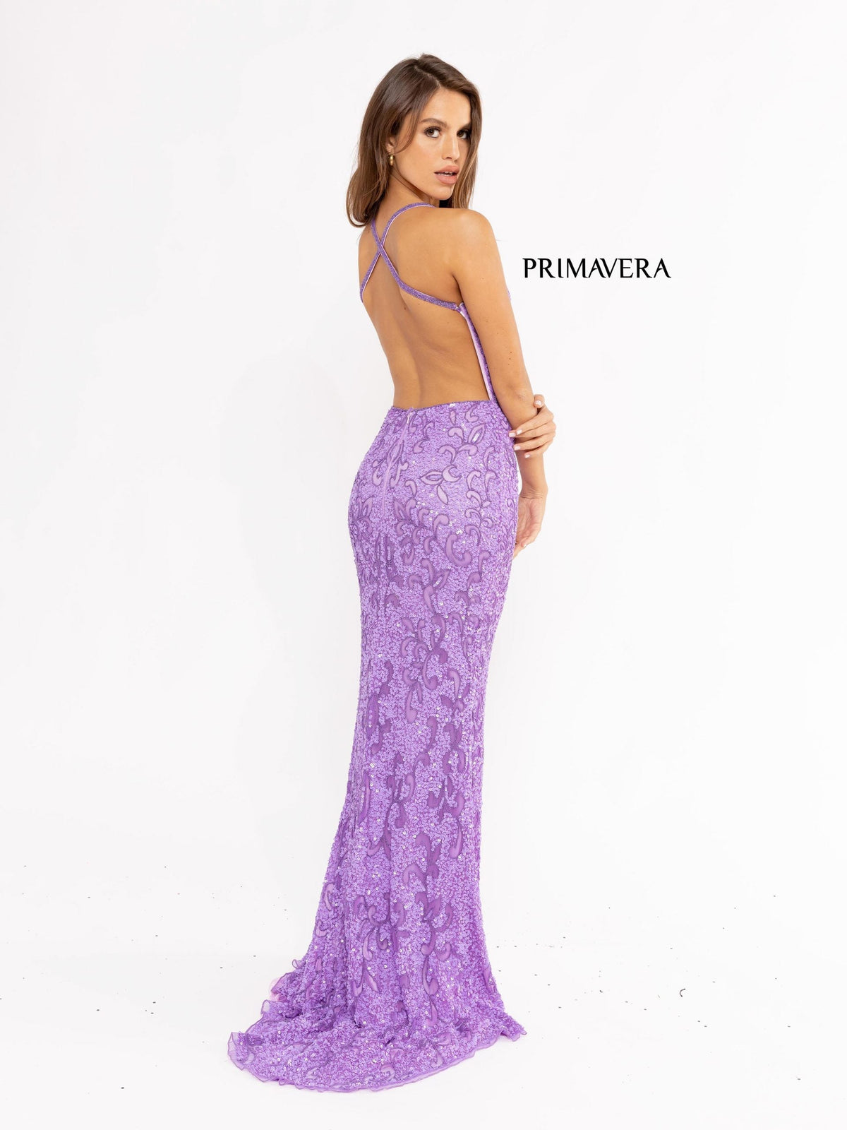 Primavera Couture - 3295 Sequined Scroll Motif High Slit Gown