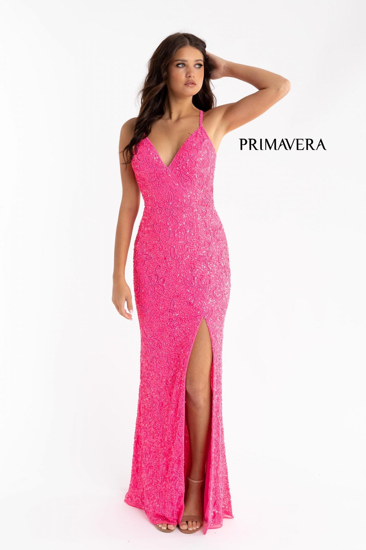 Primavera Couture - 3295 Sequined Scroll Motif High Slit Gown