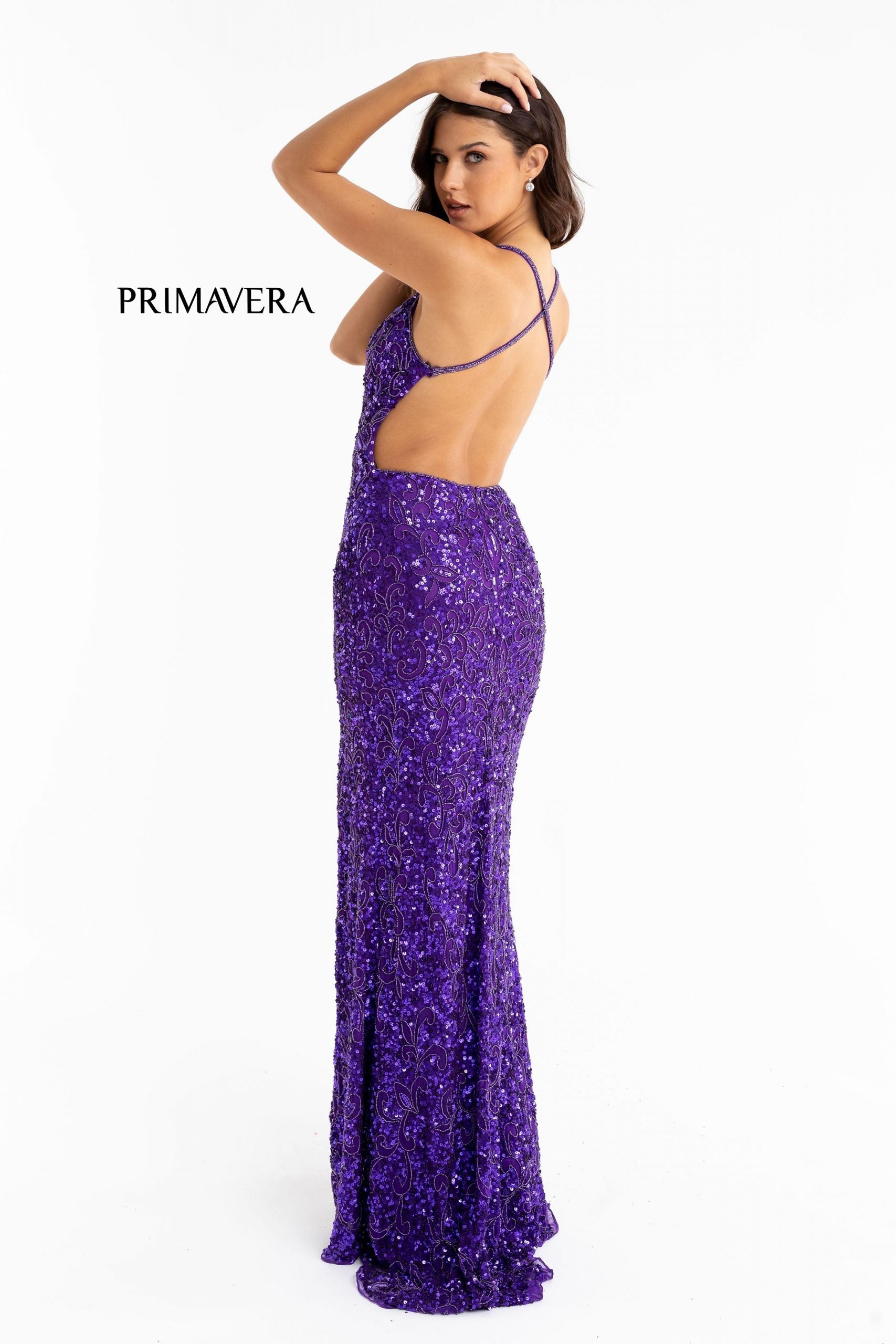 Primavera Couture - 3295 Sequined Scroll Motif High Slit Gown
