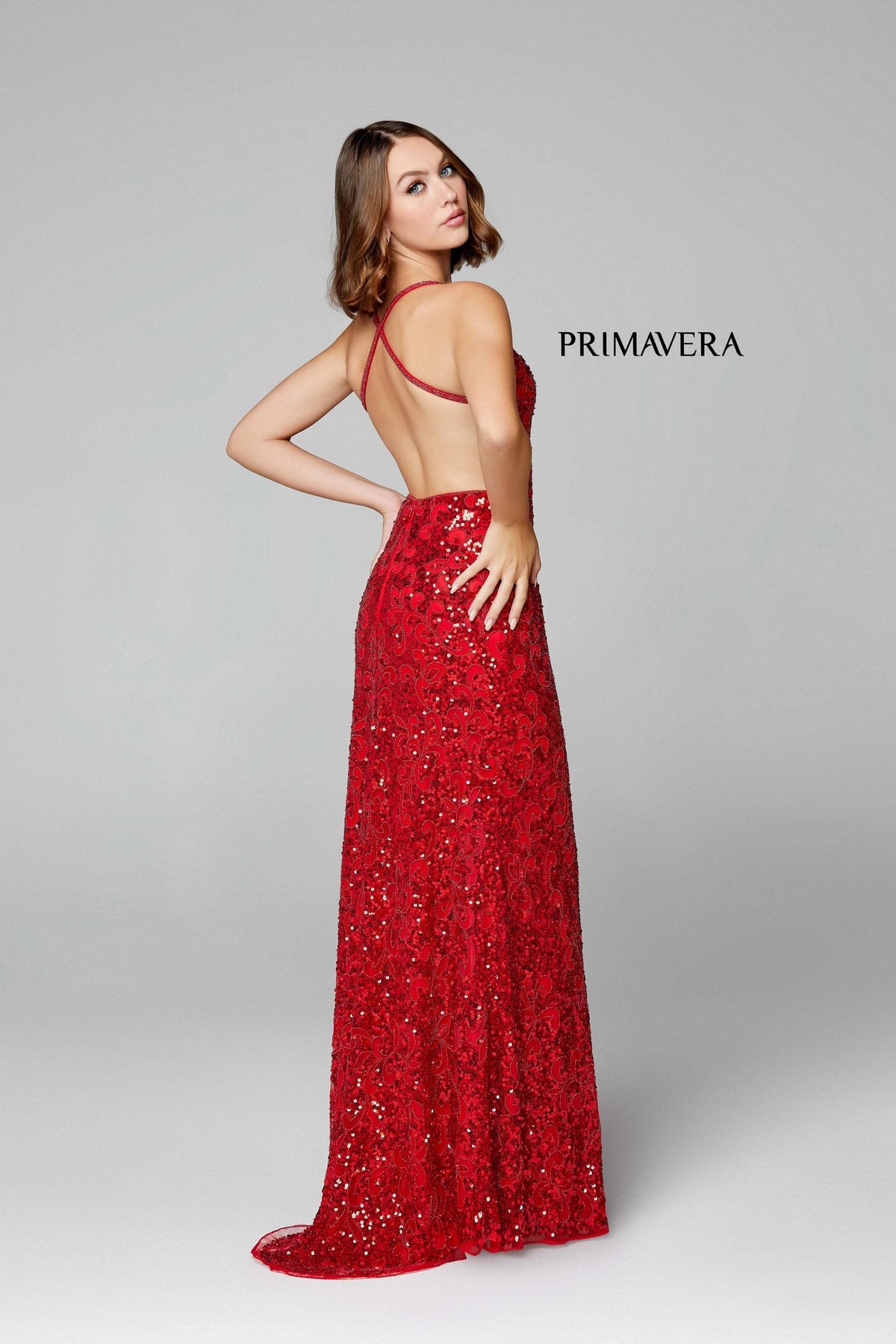 Primavera Couture - 3295 Sequined Scroll Motif High Slit Gown