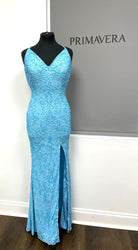 Primavera Couture - 3295 Sequined Scroll Motif High Slit Gown