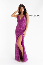Primavera Couture - 3295 Sequined Scroll Motif High Slit Gown