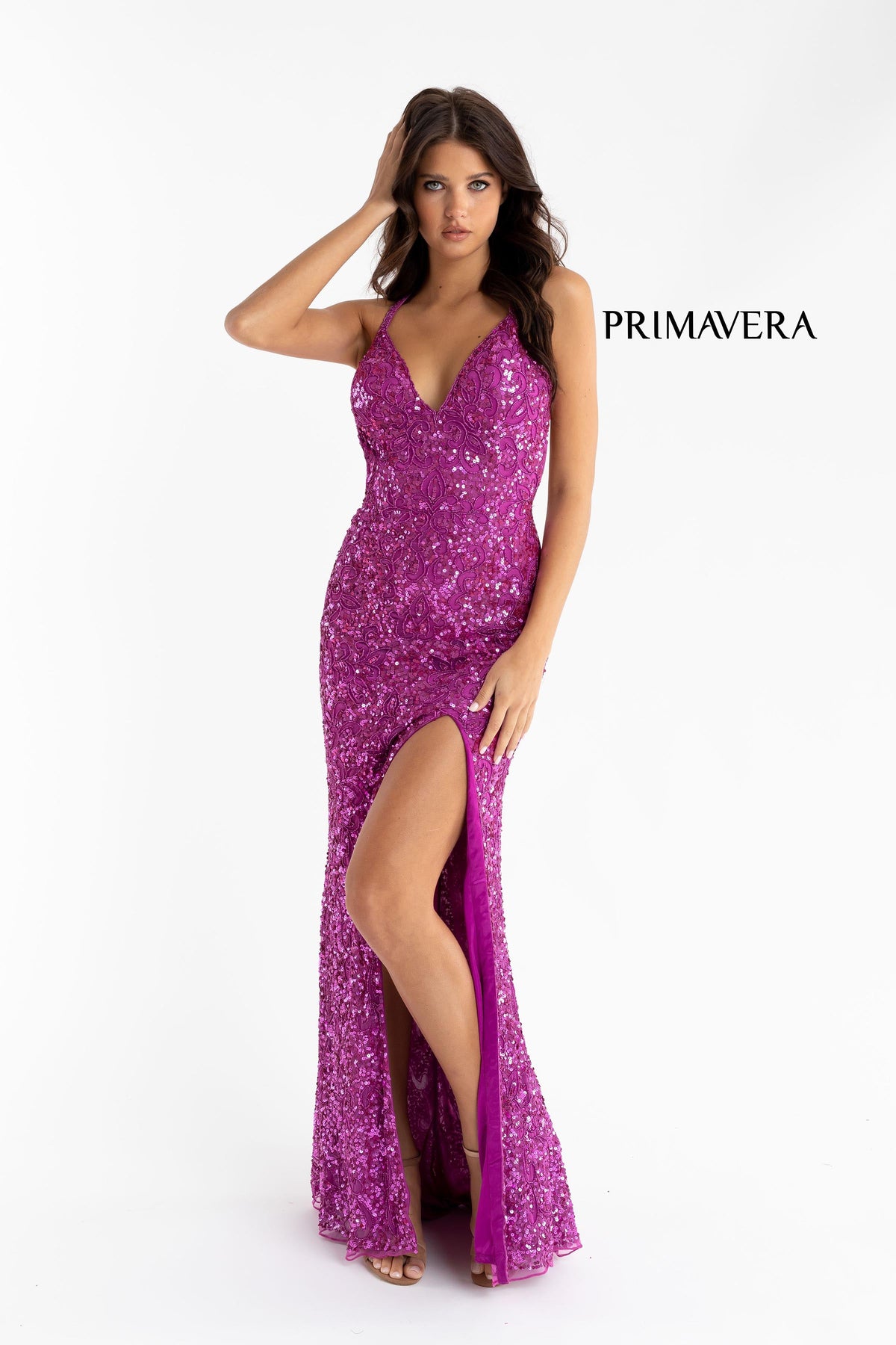 Primavera Couture - 3295 Sequined Scroll Motif High Slit Gown