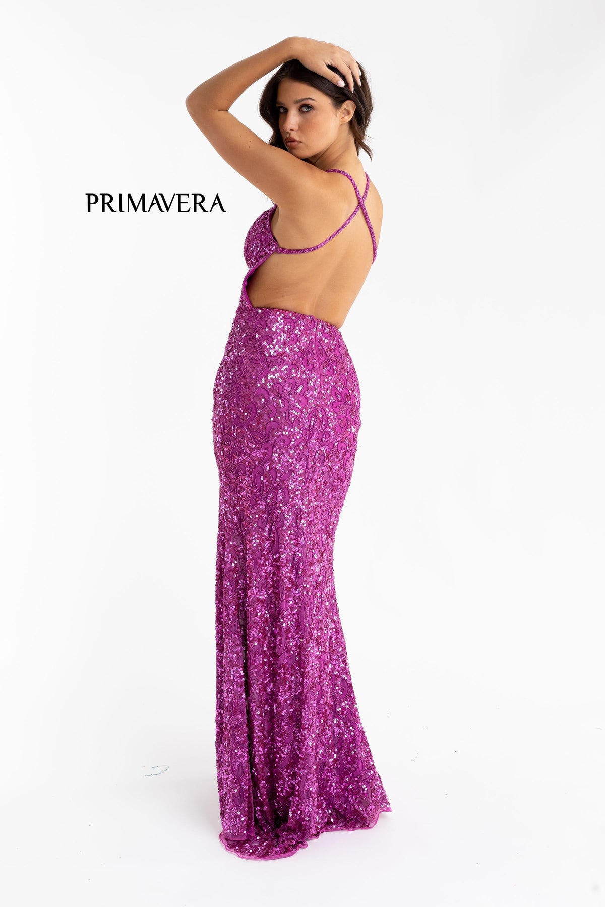 Primavera Couture - 3295 Sequined Scroll Motif High Slit Gown