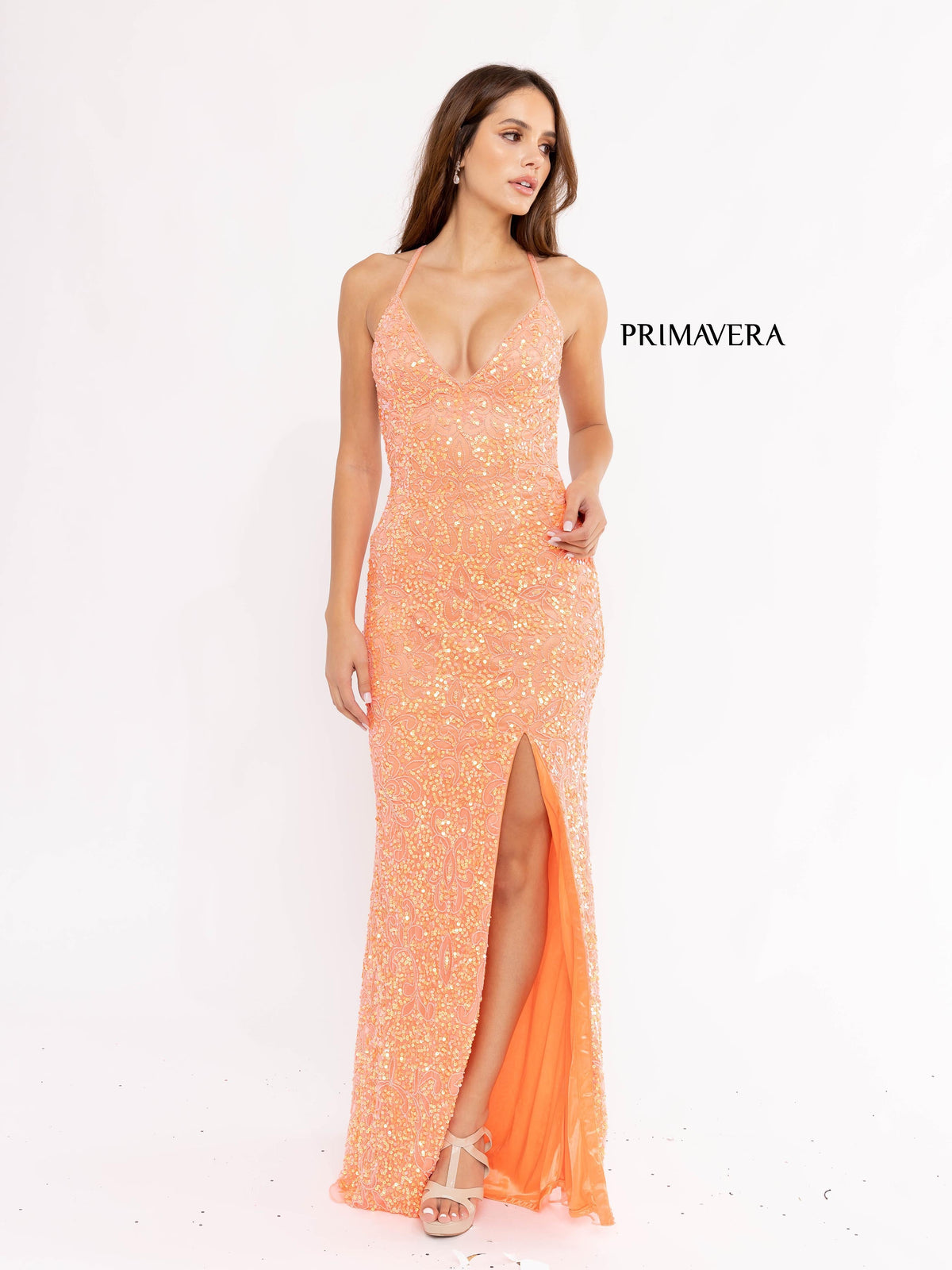 Primavera Couture - 3295 Sequined Scroll Motif High Slit Gown