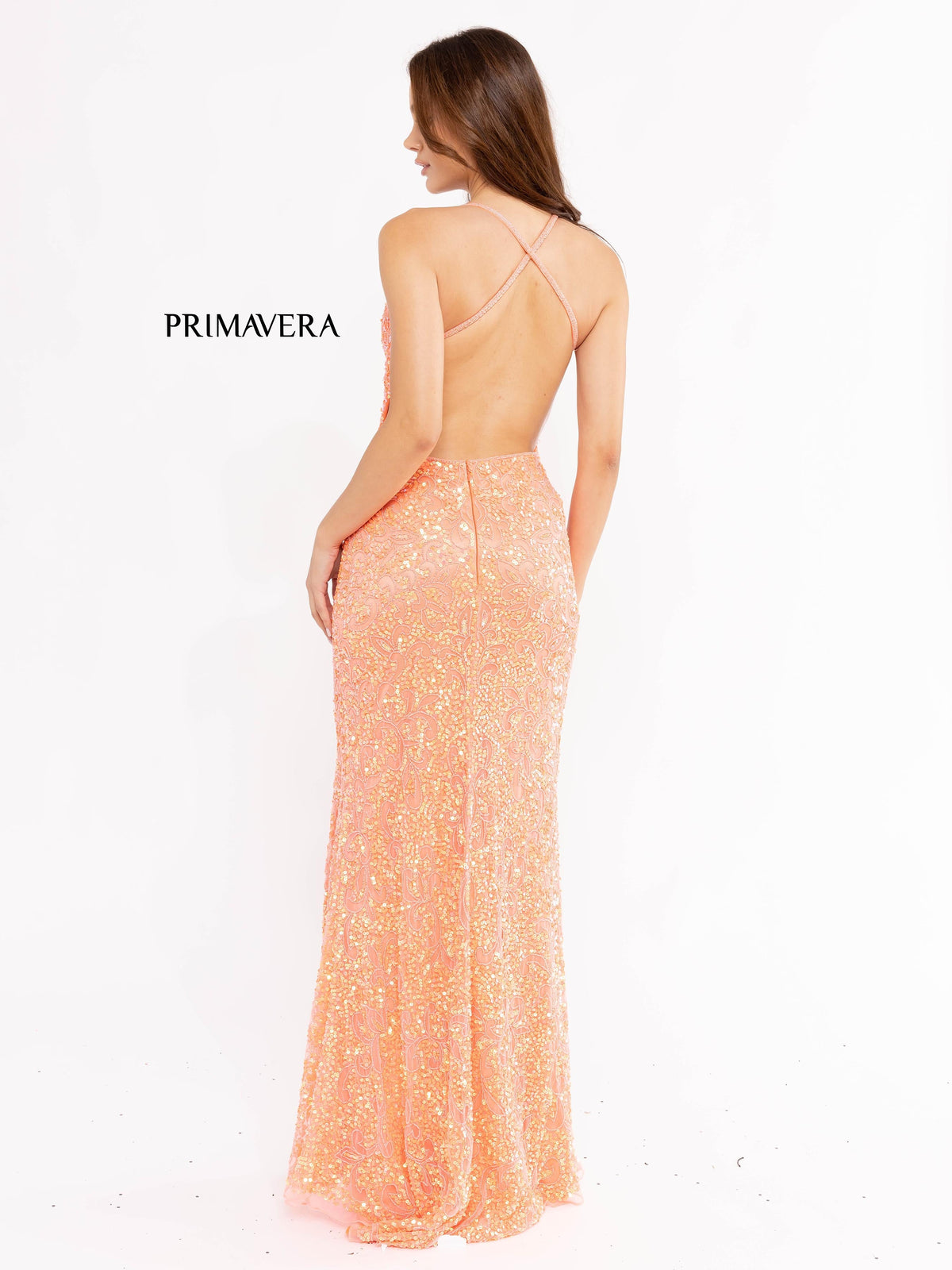 Primavera Couture - 3295 Sequined Scroll Motif High Slit Gown