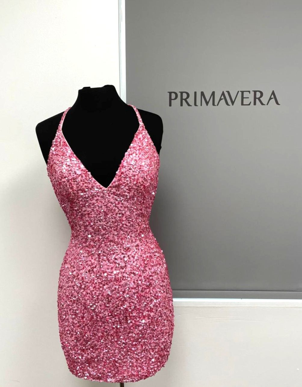 Primavera Couture - 3352 V-Neck Open Back Sequin Fitted Cocktail Dress