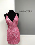 Primavera Couture - 3352 V-Neck Open Back Sequin Fitted Cocktail Dress