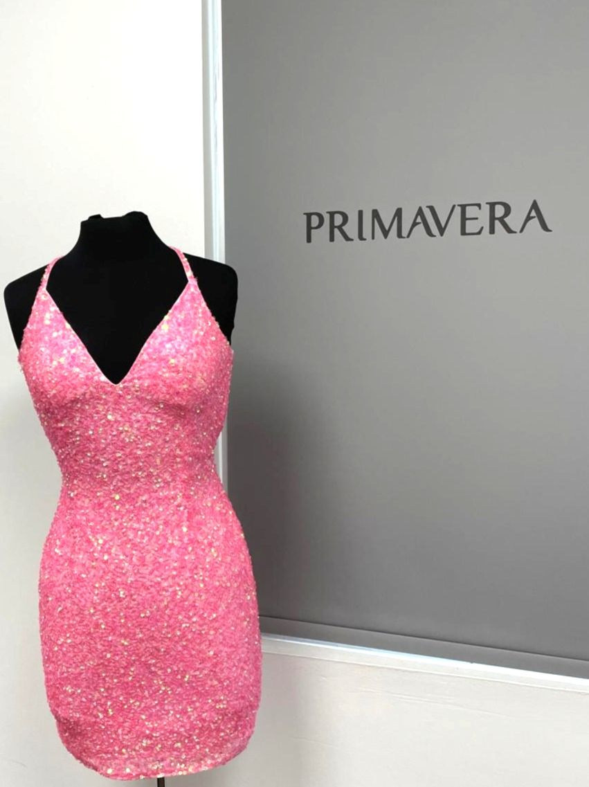 Primavera Couture - 3352 V-Neck Open Back Sequin Fitted Cocktail Dress