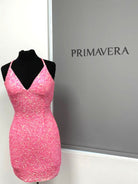 Primavera Couture - 3352 V-Neck Open Back Sequin Fitted Cocktail Dress
