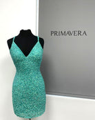 Primavera Couture - 3352 V-Neck Open Back Sequin Fitted Cocktail Dress
