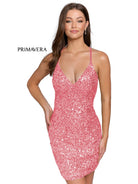 Primavera Couture - 3352 V-Neck Open Back Sequin Fitted Cocktail Dress