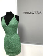 Primavera Couture - 3352 V-Neck Open Back Sequin Fitted Cocktail Dress