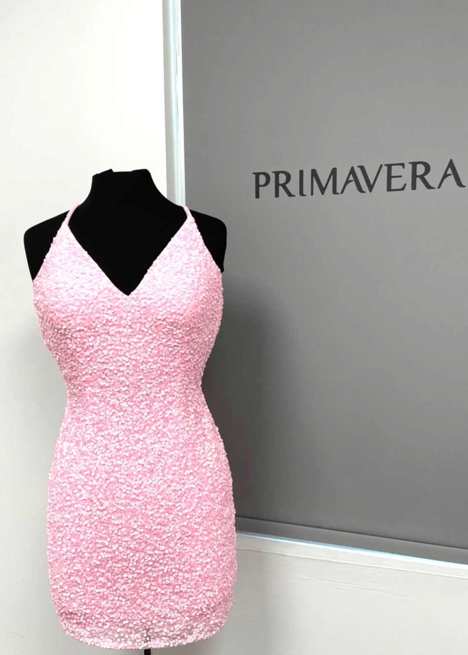 Primavera Couture - 3352 V-Neck Open Back Sequin Fitted Cocktail Dress
