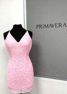 Primavera Couture - 3352 V-Neck Open Back Sequin Fitted Cocktail Dress