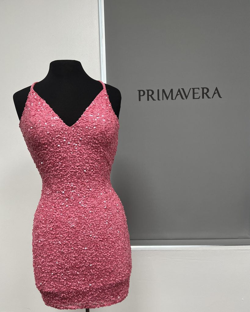 Primavera Couture - 3352 V-Neck Open Back Sequin Fitted Cocktail Dress