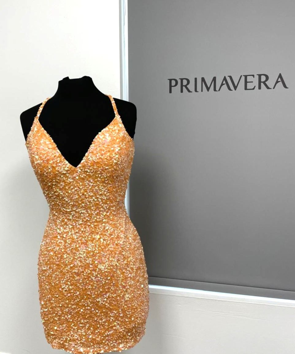 Primavera Couture - 3352 V-Neck Open Back Sequin Fitted Cocktail Dress