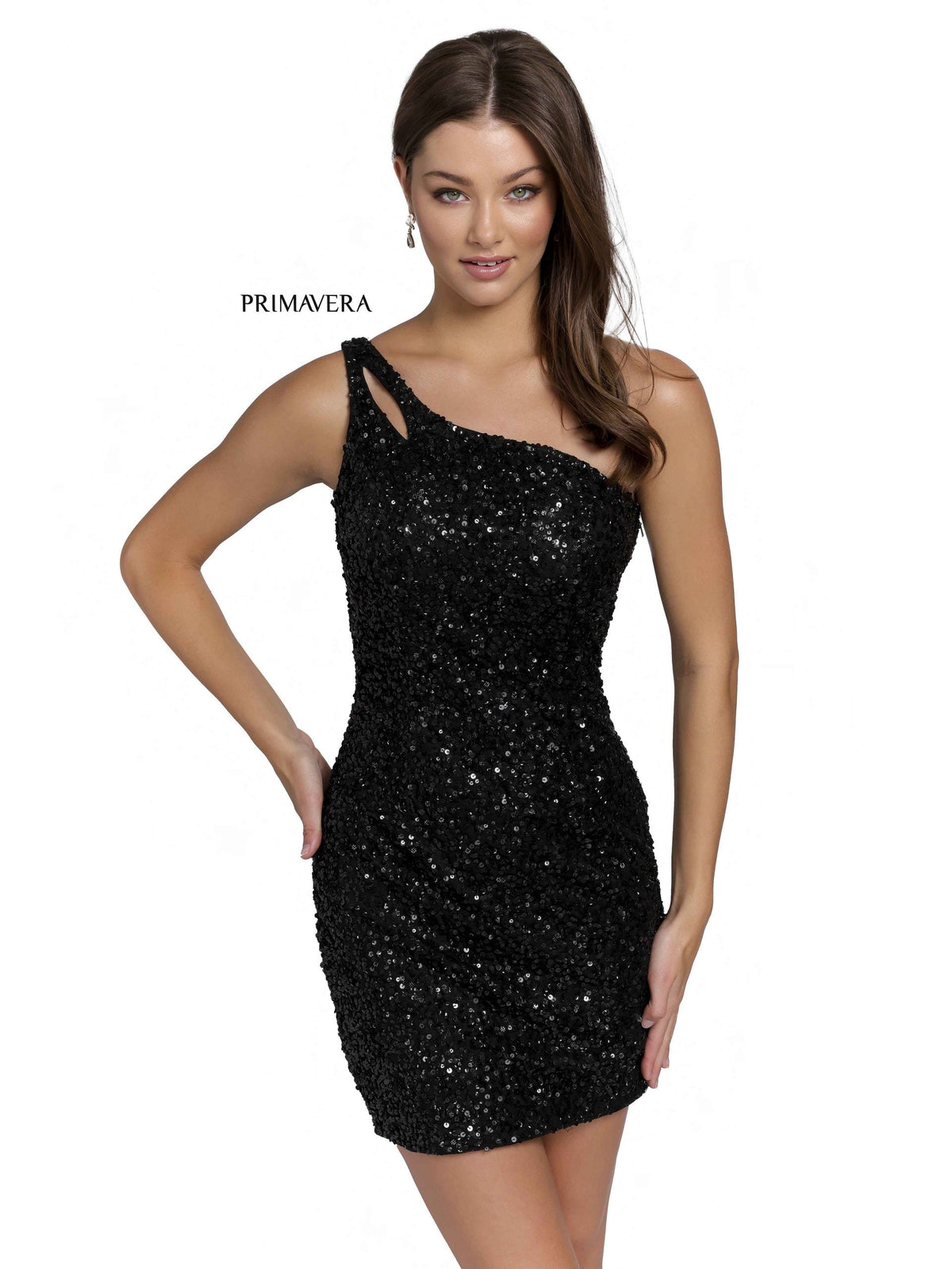 Primavera Couture - 3573 One Shoulder Sequined Fitted Cocktail Dress