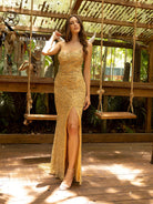 Primavera Couture - 3638 Lace-up Open Back Beaded High Slit Dress