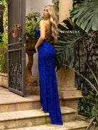 Primavera Couture - 3638 Lace-up Open Back Beaded High Slit Dress