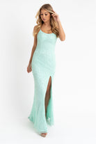 Primavera Couture - 3638 Lace-up Open Back Beaded High Slit Dress