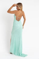 Primavera Couture - 3638 Lace-up Open Back Beaded High Slit Dress