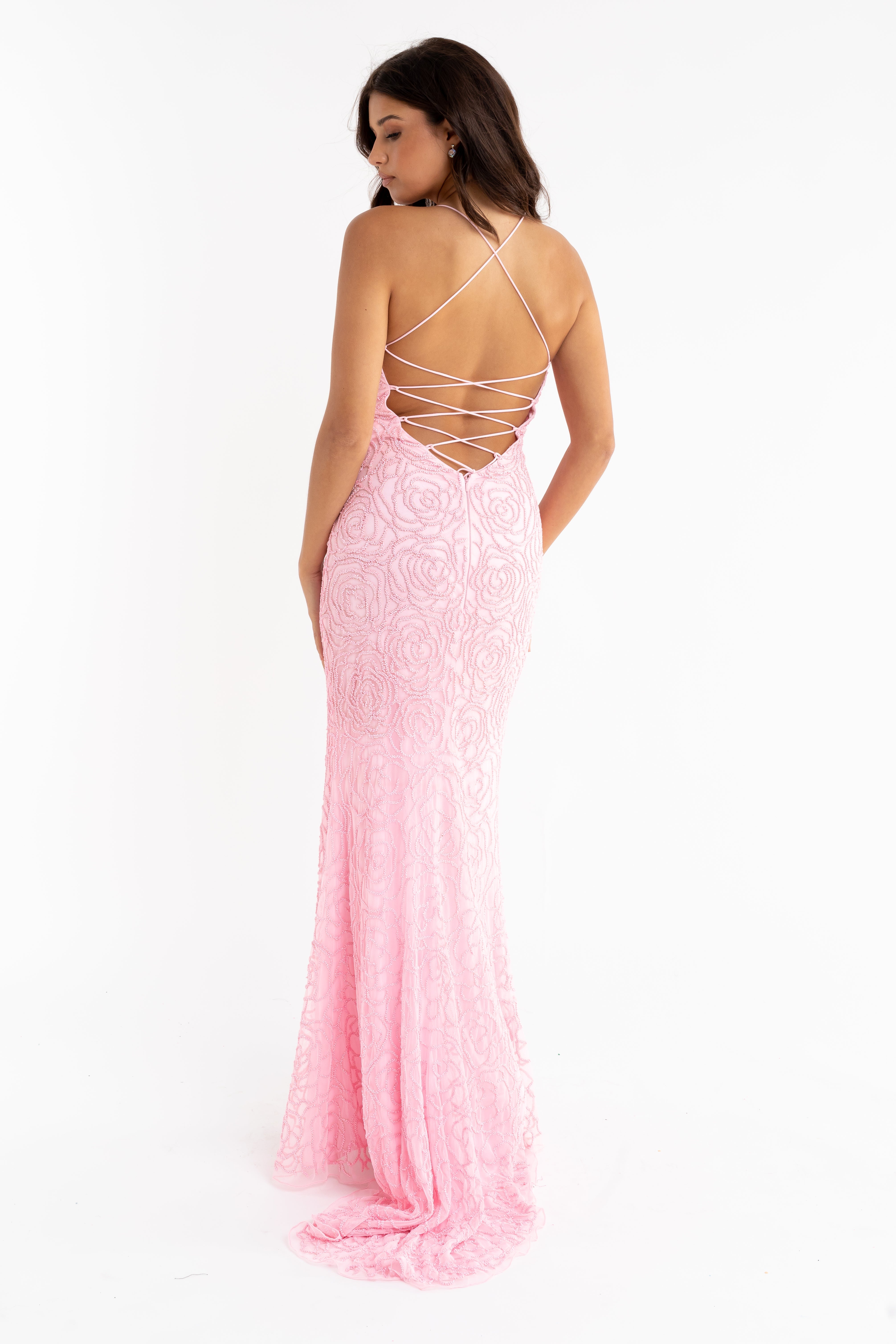 Primavera Couture - 3638 Lace-up Open Back Beaded High Slit Dress