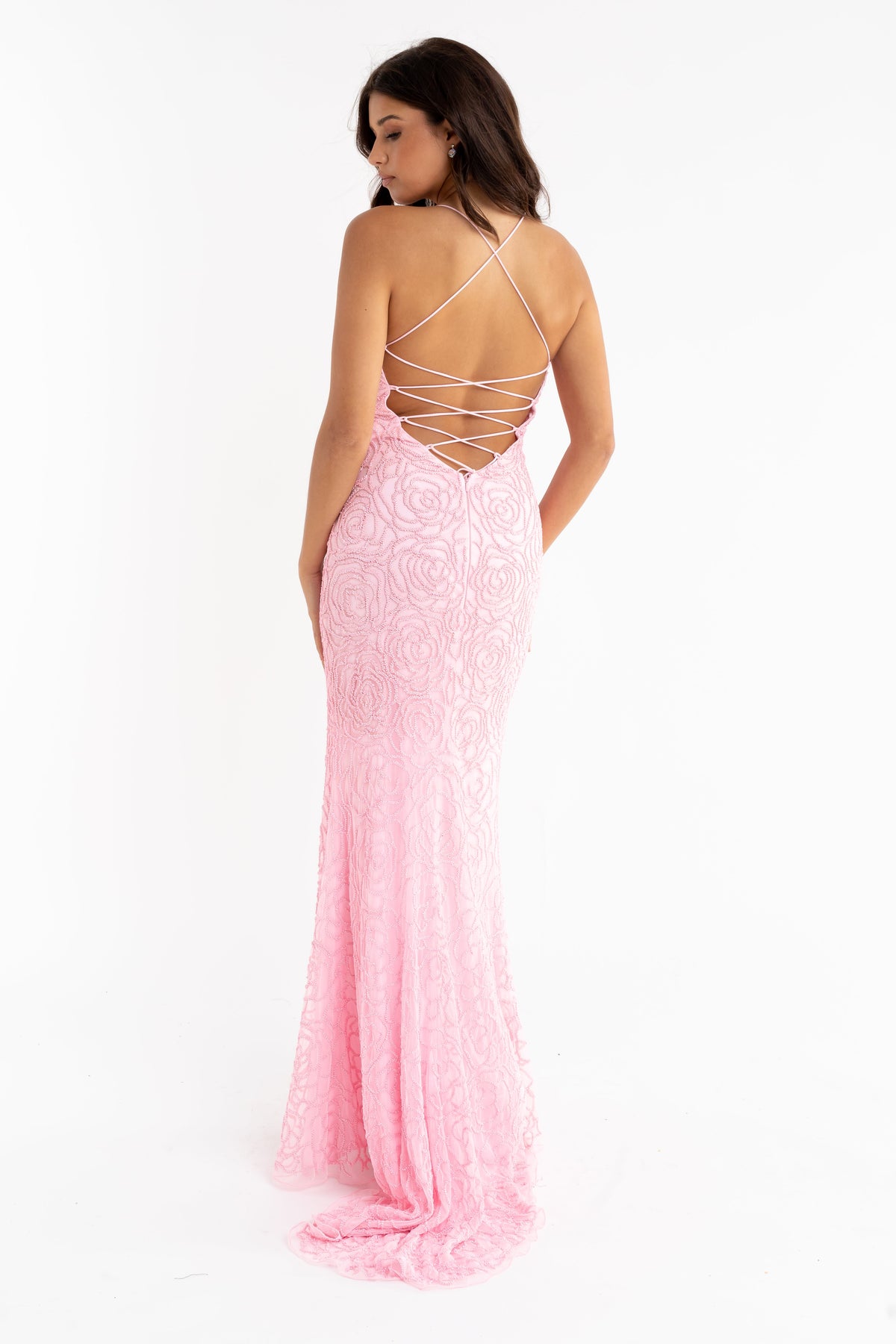 Primavera Couture - 3638 Lace-up Open Back Beaded High Slit Dress