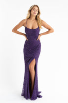 Primavera Couture - 3638 Lace-up Open Back Beaded High Slit Dress