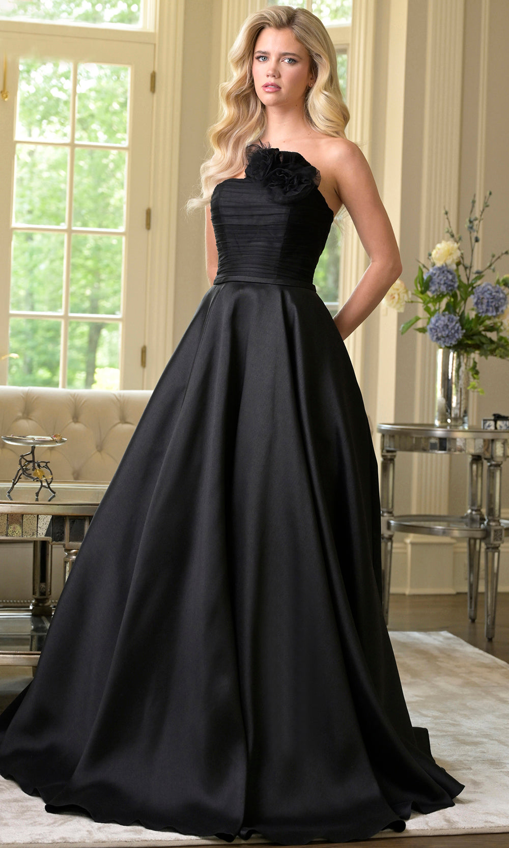 Colors Dress 3737 - Floral Accent Ruched A-line Gown - Silhouette Dresses