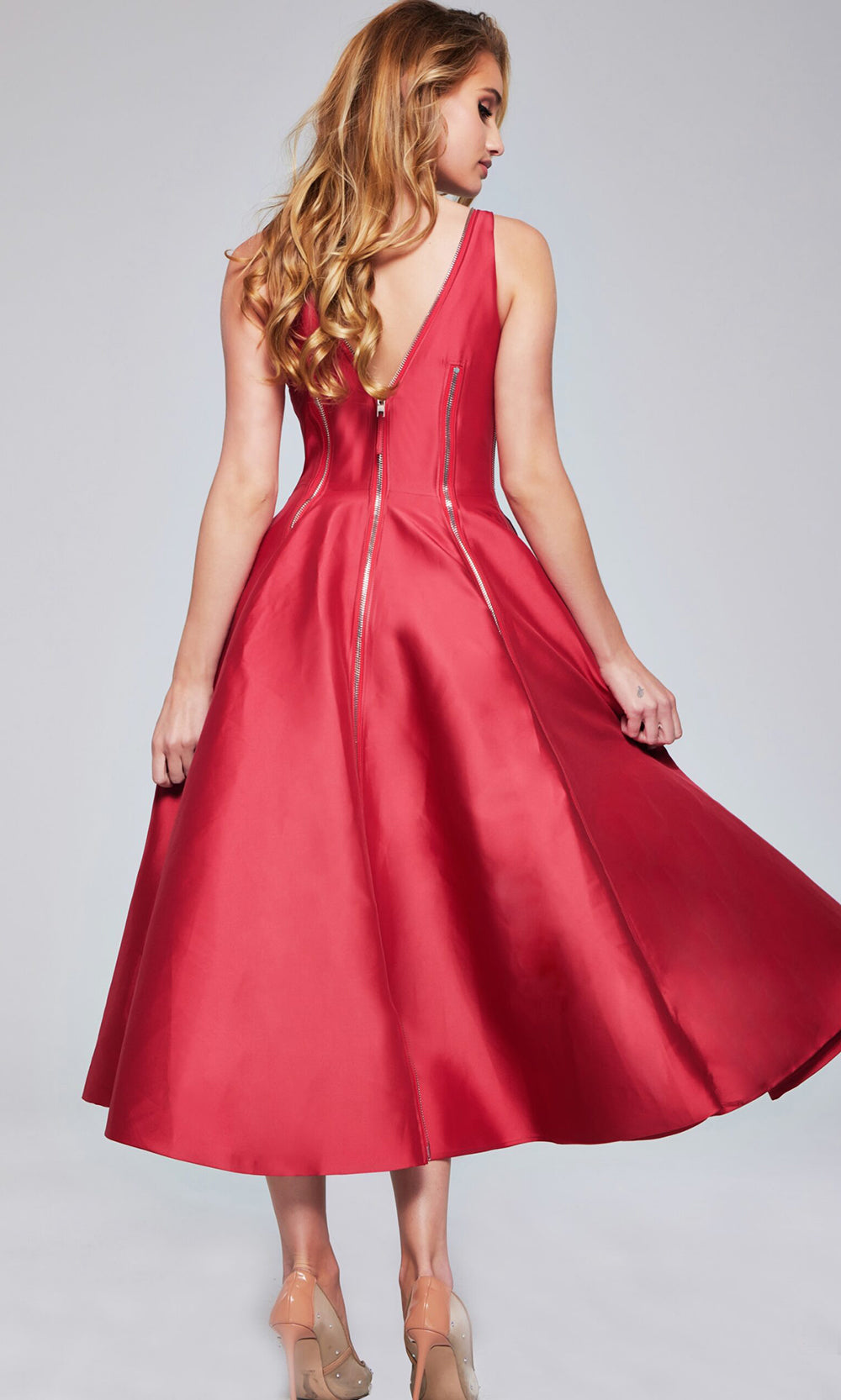 Jovani 37393 - Sleeveless Tea-Length Dress with Zipper Detail - detail view