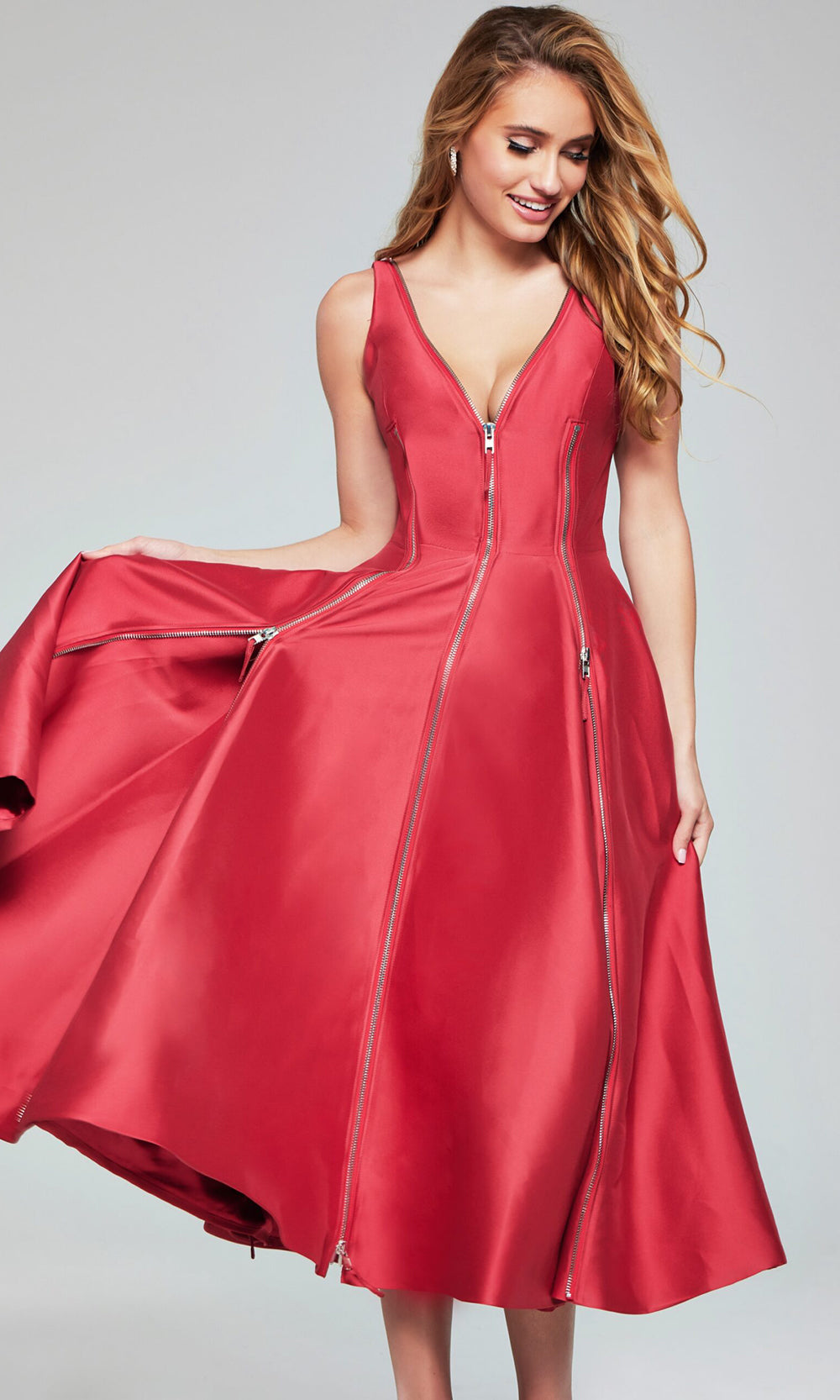 Jovani 37393 - Sleeveless Tea-Length Dress with Zipper Detail - back view